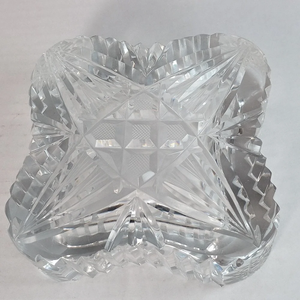 Set of 2 VTG Cigar Ashtray Cut Crystal Glass Tobacciana Heavy Diamond Sawtooth